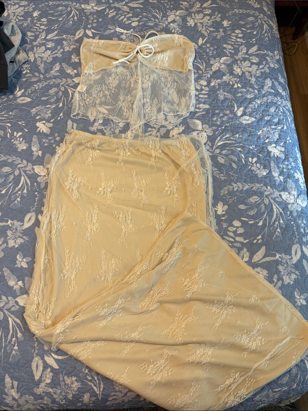 Sheer Lace Strapless Bandeau Top and maxi skirt in Light Beige